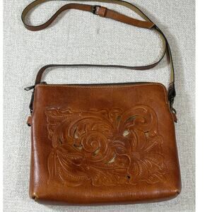 Patricia Nash Women Tan Leather Travel Bag Tooled Leather Crossbody Purse